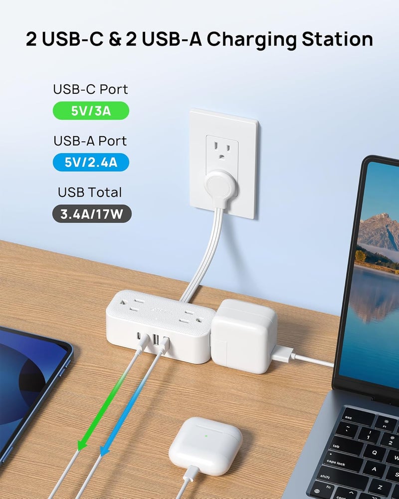 TROND Outlet Extender with 6 Inch Cord, Flat Plug Adapter with 4 Electrical Sockets and 4 USB Ports, Wall Mountable, Multi Plug Wall Outlet for Home Office Travel Dorm, Cruise Ship Essentials, White - Image 2